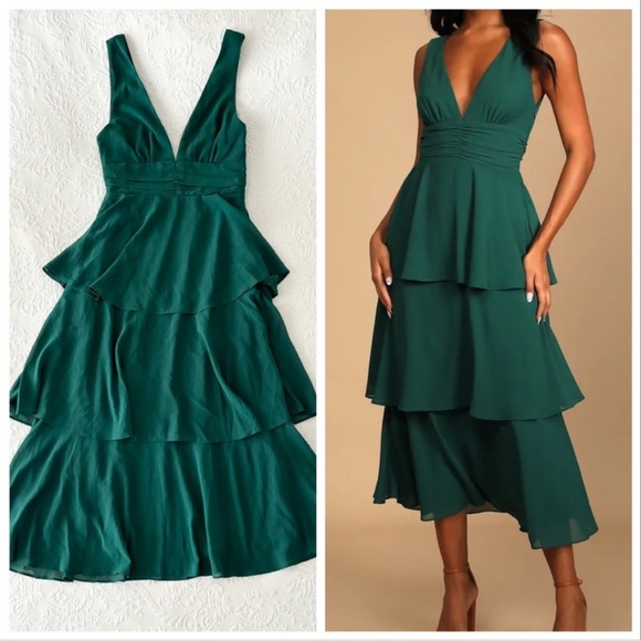 NWOT Lulus Celebration Time Emerald Green Sleeveless Tiered Midi Dress Medium - Picture 1 of 7